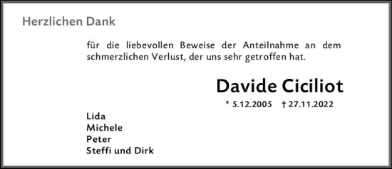 Traueranzeige von Davide Ciciliot von vrm-trauer Hochheimer Zeitung