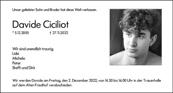Traueranzeige von Davide Ciciliot von vrm-trauer Hochheimer Zeitung
