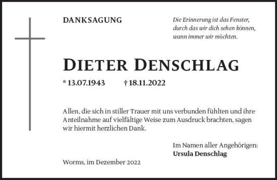 Traueranzeige von Dieter Denschlag von vrm-trauer Wormser Zeitung