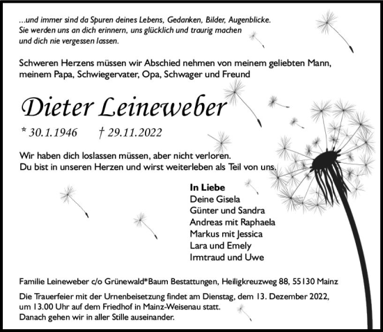 Traueranzeige von Dieter Leineweber von vrm-trauer AZ Mainz