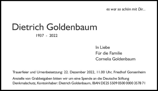 Traueranzeige von Dietrich Goldenbaum von vrm-trauer AZ Mainz