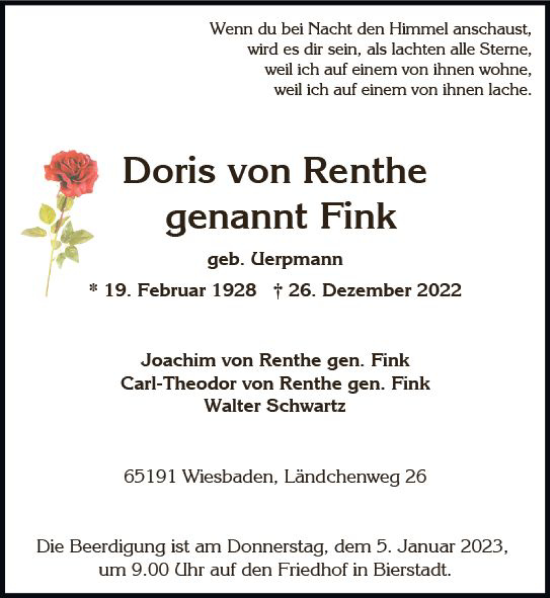Traueranzeige von Doris von Renthe von vrm-trauer Wiesbadener Kurier