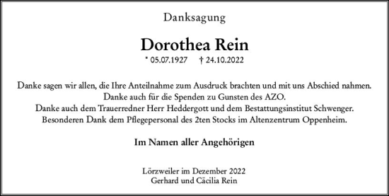 Traueranzeige von Dorothea Rein von vrm-trauer AZ Mainz