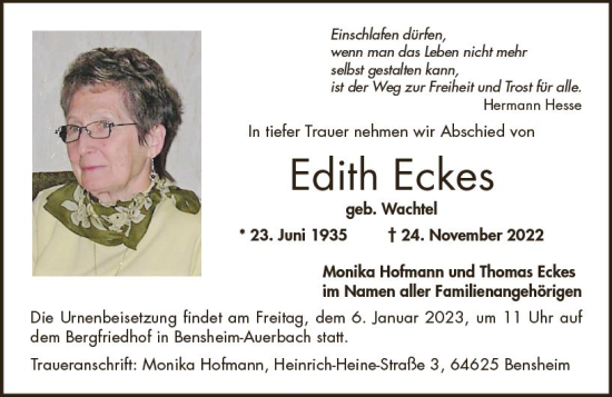 Traueranzeige von Edith Eckes von vrm-trauer Bürstädter/Lamperth. Ztg/Starkenburger