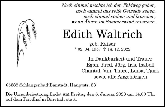 Traueranzeige von Edith Waltrich von vrm-trauer WK-UTA