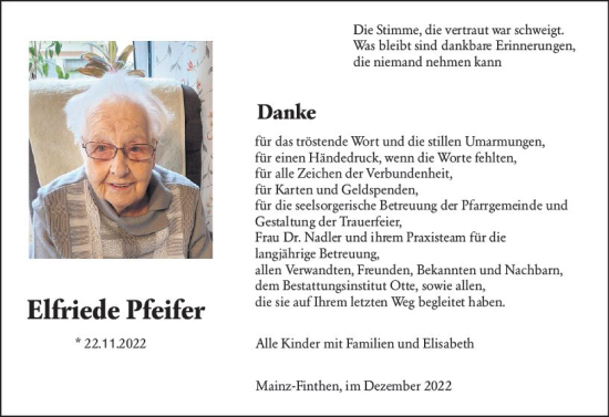 Traueranzeige von Elfriede Pfeifer von vrm-trauer AZ Mainz