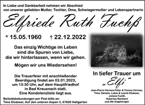 Traueranzeige von Elfriede Ruth Fuchß von vrm-trauer Allg. Zeitung Bad Kreuznach