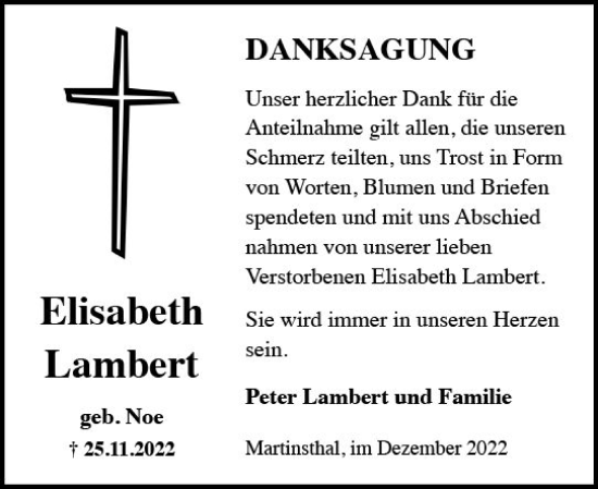Traueranzeige von Elisabeth Lambert von vrm-trauer Wiesbadener Kurier