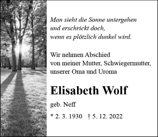 Traueranzeige von Elisabeth Wolf von vrm-trauer Odenwälder Echo