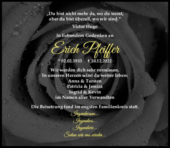Traueranzeige von Erich Pfeiffer von vrm-trauer Allgemeine  Zeitung Ingelheim-Bingen