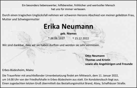Traueranzeige von Erika Neumann von vrm-trauer Allgemeine Zeitung Alzey