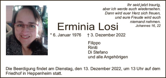 Traueranzeige von Erminia Losi von vrm-trauer Bürstädter/Lamperth. Ztg/Starkenburger
