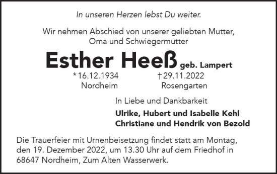 Traueranzeige von Esther Heeß von vrm-trauer Wormser Zeitung