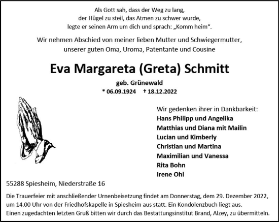 Traueranzeige von Eva Margareta  Schmitt von vrm-trauer Allgemeine Zeitung Alzey