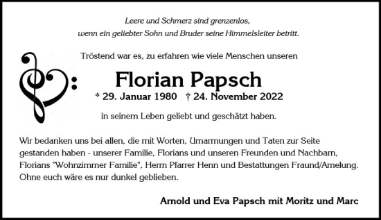 Traueranzeige von Florian Papsch von vrm-trauer Wiesbadener Kurier
