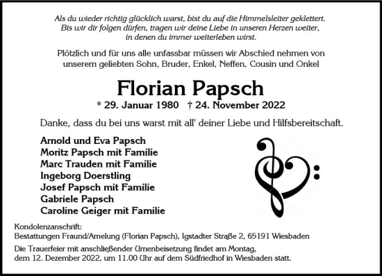 Traueranzeige von Florian Papsch von vrm-trauer Wiesbadener Kurier