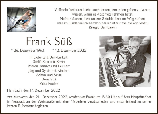 Traueranzeige von Frank Süß von vrm-trauer Wiesbadener Kurier