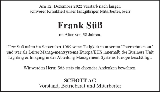 Traueranzeige von Frank Süß von vrm-trauer AZ Mainz