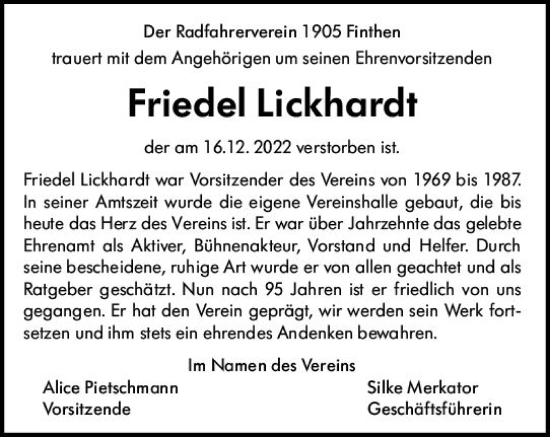 Traueranzeige von Friedel Lickhardt von vrm-trauer AZ Mainz