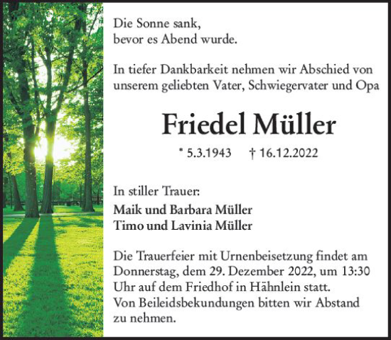 Traueranzeige von Friedel Müller von vrm-trauer Darmstädter Echo