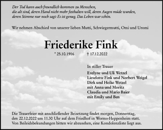 Traueranzeige von Friederike Fink von vrm-trauer Wormser Zeitung