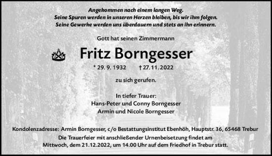 Traueranzeige von Fritz Borngesser von vrm-trauer Groß-Gerauer Echo