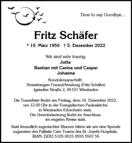 Traueranzeige von Fritz Schäfer von vrm-trauer Wiesbadener Kurier