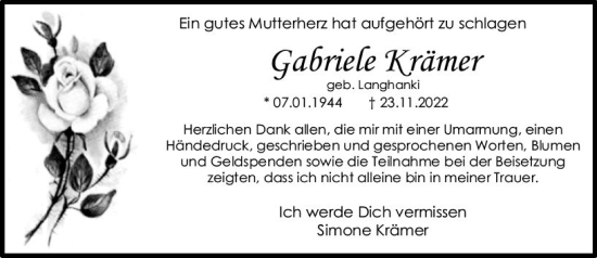 Traueranzeige von Gabriele Krämer von vrm-trauer Neue Binger Zeitung