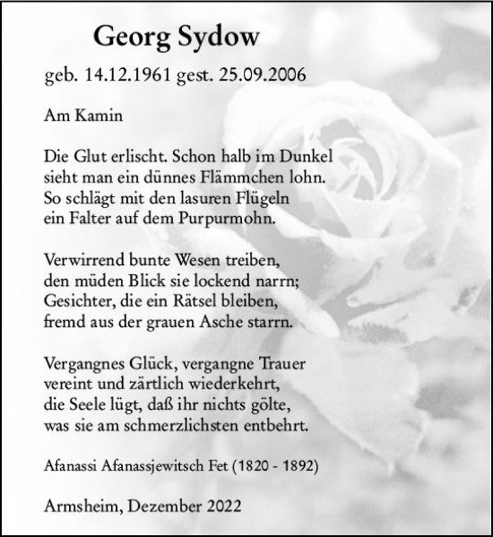 Traueranzeige von Georg Sydow von vrm-trauer Allgemeine Zeitung Alzey