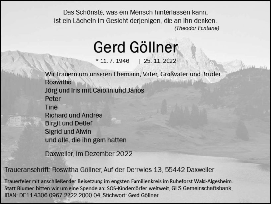 Traueranzeige von Gerd Göllner von vrm-trauer Allg. Zeitung Bad Kreuznach