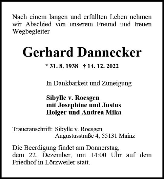 Traueranzeige von Gerhard Dannecker von vrm-trauer AZ Mainz