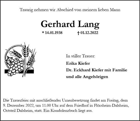 Traueranzeige von Gerhard Lang von vrm-trauer Wormser Zeitung