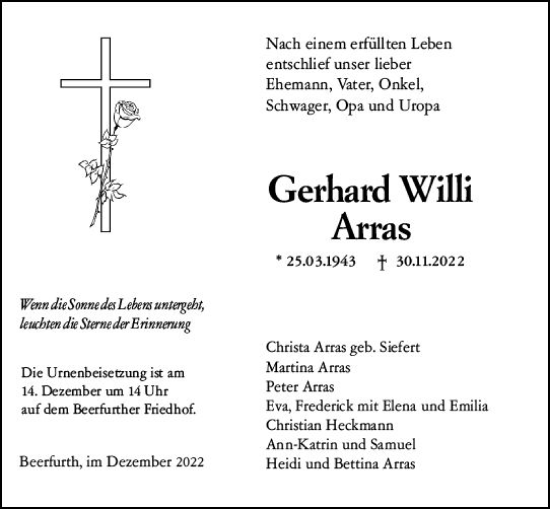 Traueranzeige von Gerhard Willi Arras von vrm-trauer Odenwälder Echo