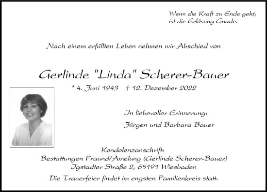Traueranzeige von Gerlinde Scherer-Bauer von vrm-trauer Wiesbadener Kurier