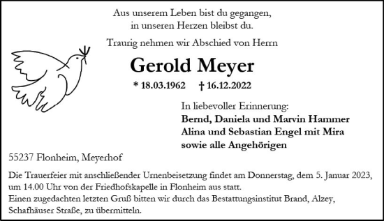 Traueranzeige von Gerold Meyer von vrm-trauer Allgemeine Zeitung Alzey