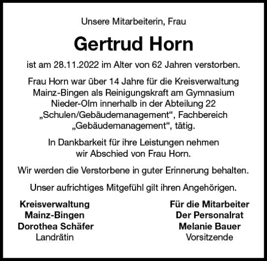 Traueranzeige von Gertrud Horn von vrm-trauer Allgemeine  Zeitung Ingelheim-Bingen