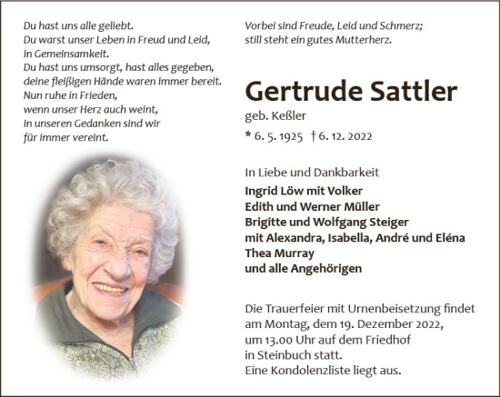 Traueranzeige von Gertrude Sattler von vrm-trauer Odenwälder Echo