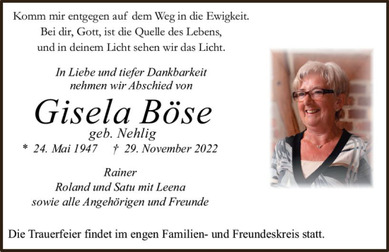 Traueranzeige von Gisela Böse von vrm-trauer Allgemeine  Zeitung Ingelheim-Bingen