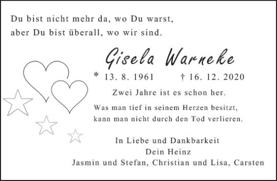 Traueranzeige von Gisela Warneke von vrm-trauer Rüsselsheimer Echo / MainSpitze