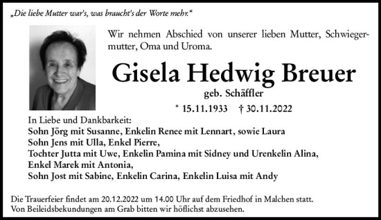 Traueranzeige von Gisela Hedwig Breuer von vrm-trauer Darmstädter Echo