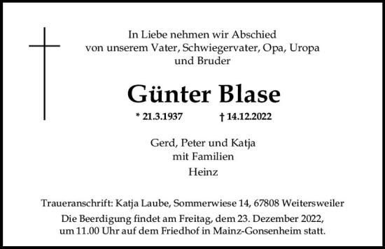 Traueranzeige von Günter Blase von vrm-trauer AZ Mainz
