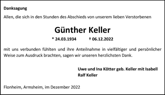 Traueranzeige von Günther Keller von vrm-trauer Allgemeine Zeitung Alzey