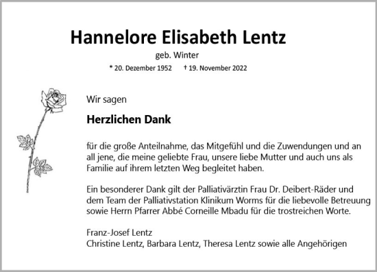 Traueranzeige von Hannelore Elisabeth Lentz von vrm-trauer Wormser Zeitung