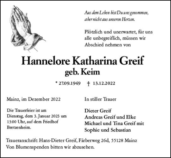 Traueranzeige von Hannelore Katharina Greif von vrm-trauer AZ Mainz