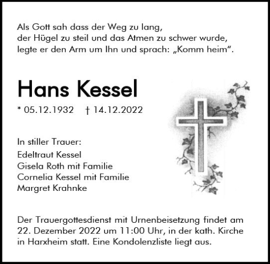 Traueranzeige von Hans Kessel von vrm-trauer AZ Mainz
