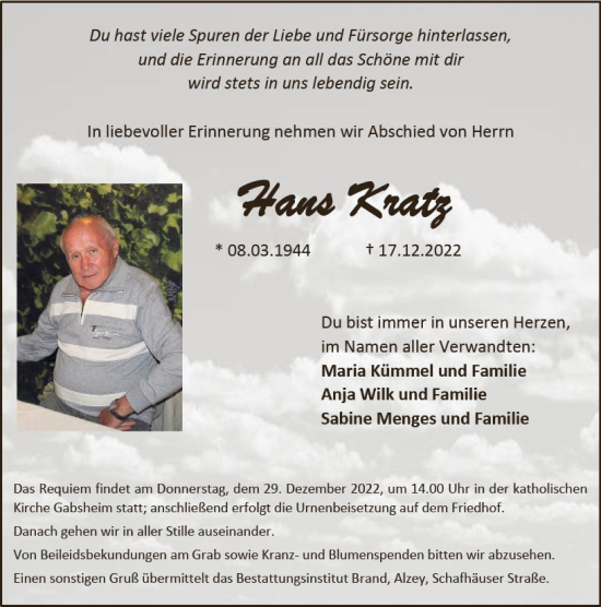 Traueranzeige von Hans Kratz von vrm-trauer Allgemeine Zeitung Alzey