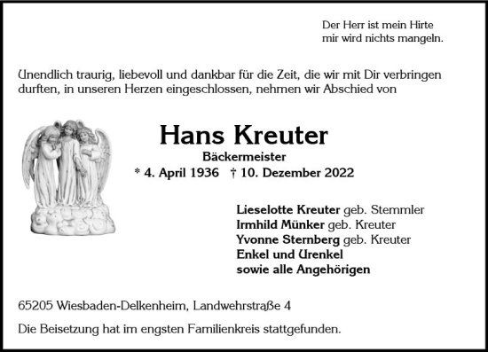 Traueranzeige von Hans Kreuter von vrm-trauer Wiesbadener Kurier