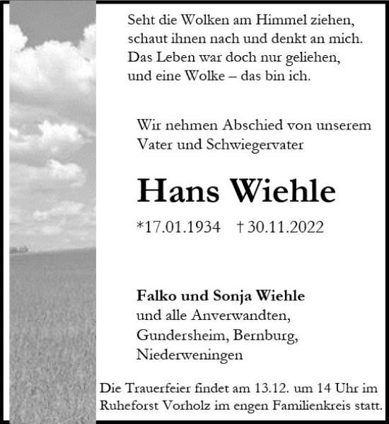 Traueranzeige von Hans Wiehle von vrm-trauer Allgemeine Zeitung Alzey