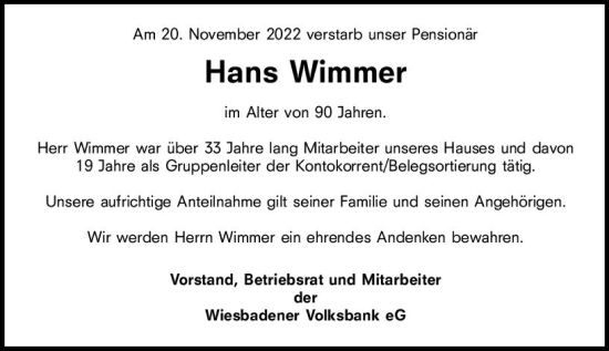 Traueranzeige von Hans Wimmer von vrm-trauer Wiesbadener Kurier