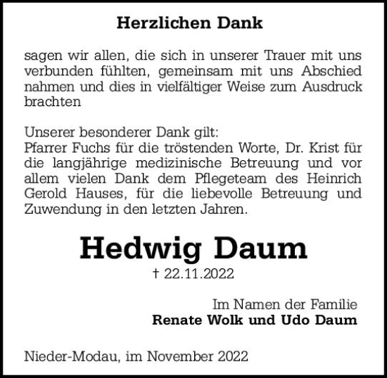 Traueranzeige von Hedwig Daum von vrm-trauer Darmstädter Echo